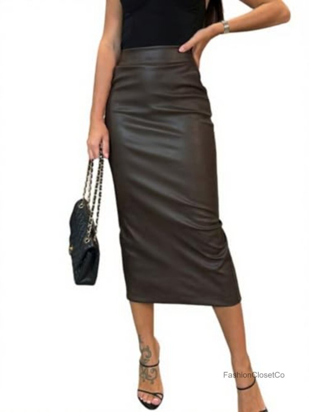 Faux Leather High Waist Bodycon Midi Pencil Skirt Wear to Work